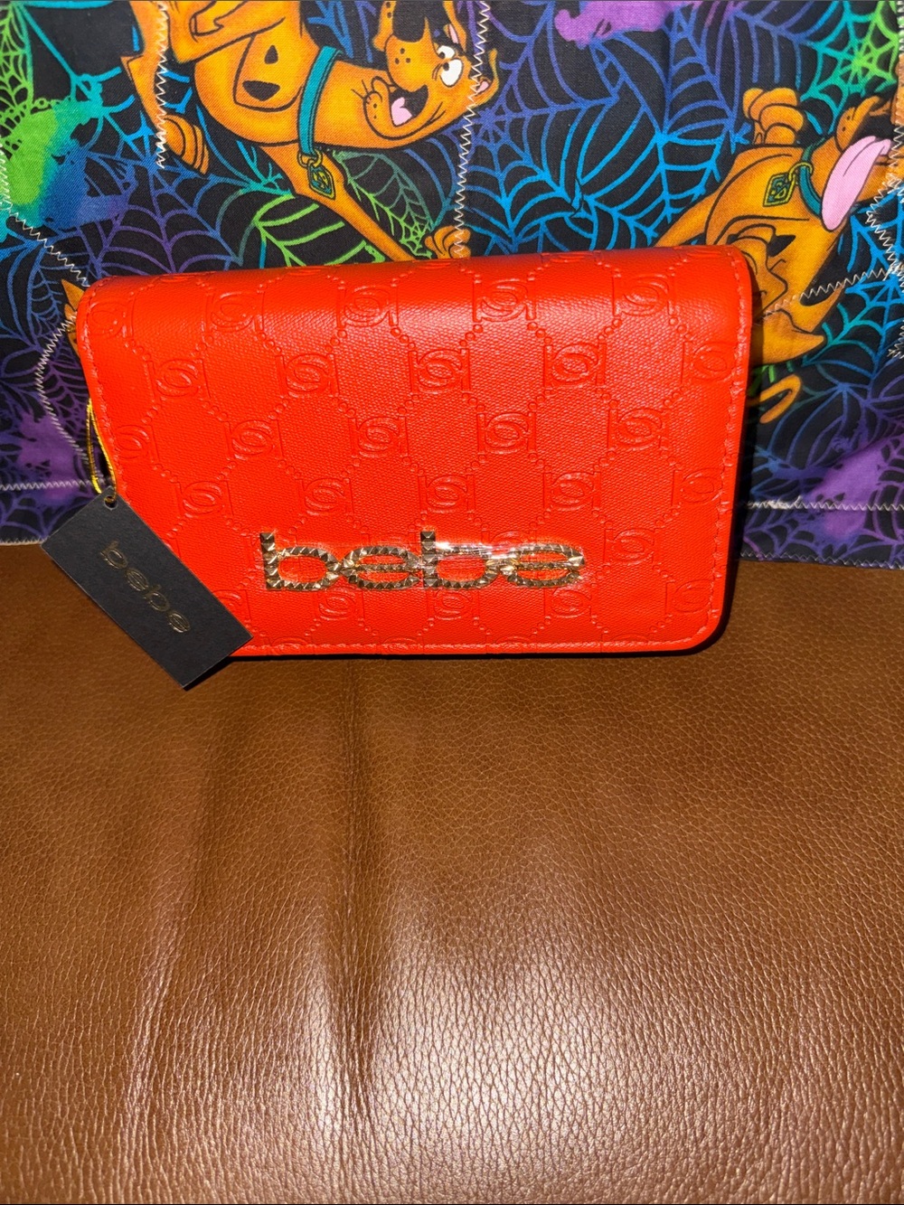 bebe Bright Red Quilted Logo Crossbody Wallet